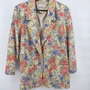 Cristin Stevens Large Floral Blazer Jacket Linen Blend Euro Cottagecore Femenine